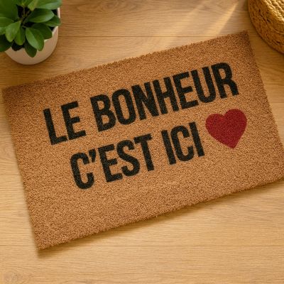 Paillasson Décoratif (Bonheur) Grand Format 70×50 cm – Fibre de Coco Naturelle
