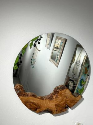 Miroir mural rond artisanal – Bois d’olivier et peinture sur verre