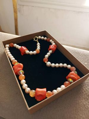 Collier en Corail, Agate et Perles de Majorque 